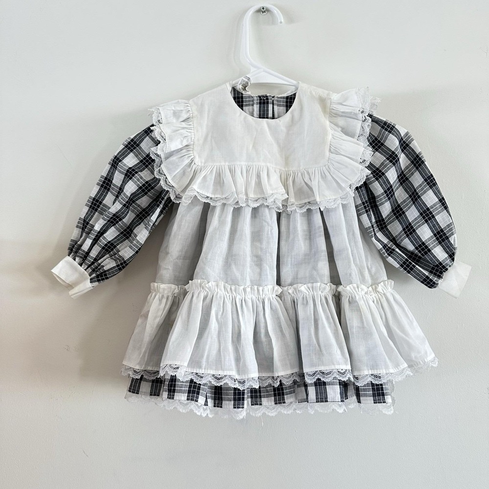 VTG‎ Mini World 2T Girls Black White Gingham Check Dress Petticoat Heirloom